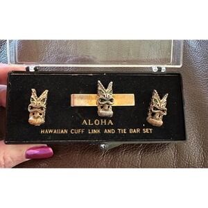 Aloha Hawaiian Cuff Links & Tie Bar Set Tiki